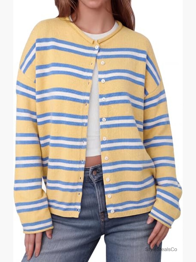 Button Up Cardigan Sweater Long Sleeve Crew Neck Loose Soft Lightweight Knit Top